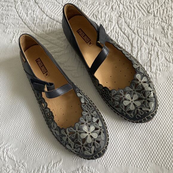 Pikolinos Blue gray floral leather Mary janes comfort flats 40, women's 9.5 - 10 - Picture 1 of 14